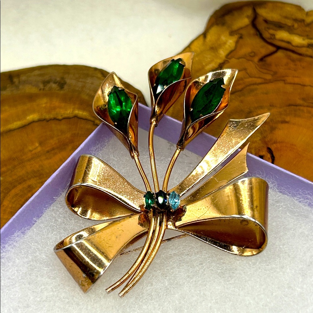 CoroCraft Sterling Vermeil Large Vintage Brooch Green Blue Rhinestones
